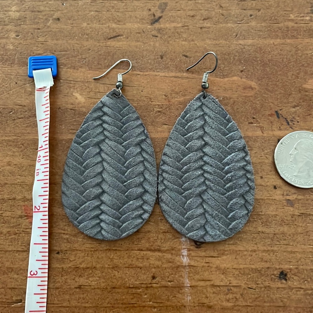 Gray Embossed Leather Teardrop Earrings
